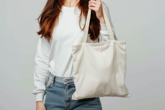 Close up of woman with tote bag mockup on white studio background.