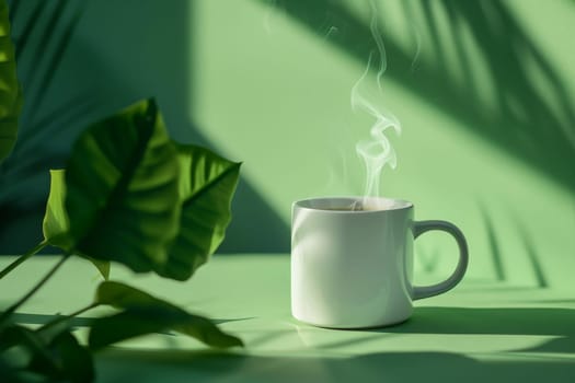 White mockup mug and little smoke with green plant leaves on green background.