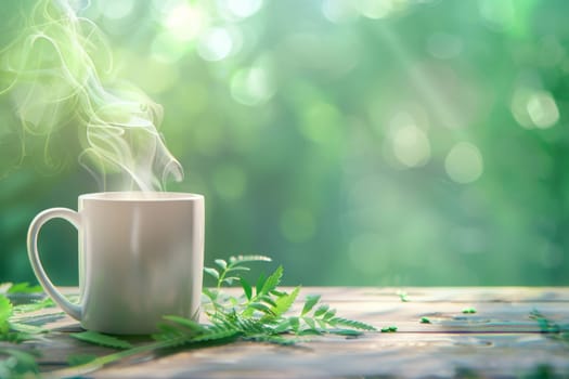 White mockup mug and little smoke with green plant leaves on green background.