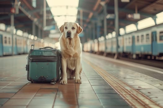 A Dog sits by a suitcase on the platform of the railway station, Traveling with a pet.