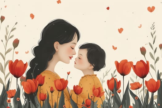 a simple flat illustration of a mother with child with tulip flower, minimalist.