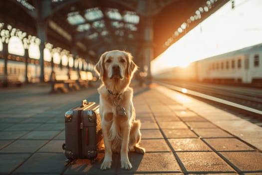 A Dog sits by a suitcase on the platform of the railway station, Traveling with a pet.