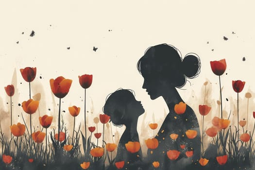a simple flat illustration of a mother with child with tulip flower, minimalist.