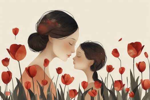 a simple flat illustration of a mother with child with tulip flower, minimalist.