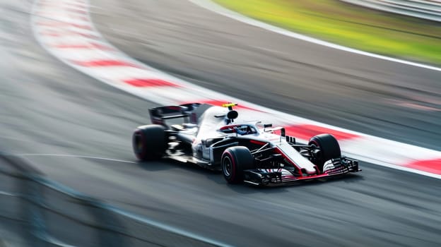 A race car is speeding down a track. The car is white and black with red accents. The car is in motion and he is going very fast