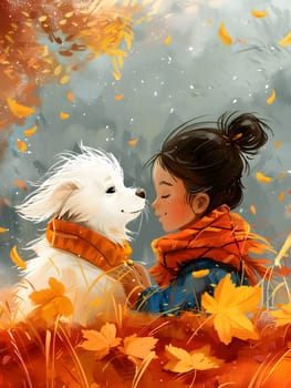 A little girl is playing with a fawncolored companion dog in a field of orange and yellow autumn leaves, both looking happy and content in nature