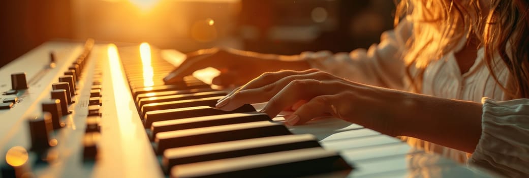 A woman is playing a piano with her hands.