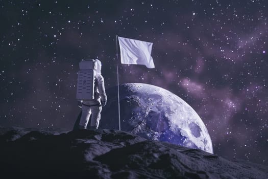 A man in a spacesuit stands on a moon like surface holding a white flag.