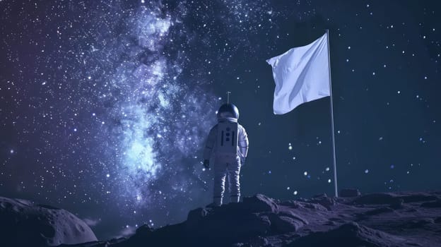 A man in a spacesuit stands on a moon like surface holding a white flag.