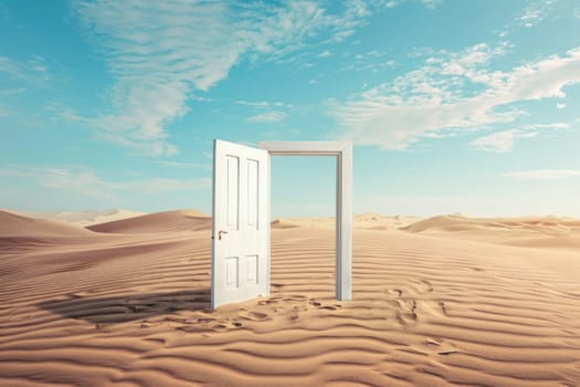 A white door is open in a desert. The door is the only thing visible in the scene