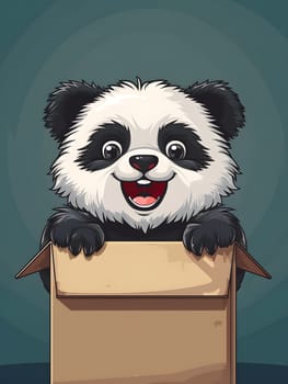 A happy panda, a terrestrial animal and a carnivore with fur and whiskers, is peeking out of a cardboard box, showcasing its snout and love for plants in its wildlife habitat near a tree