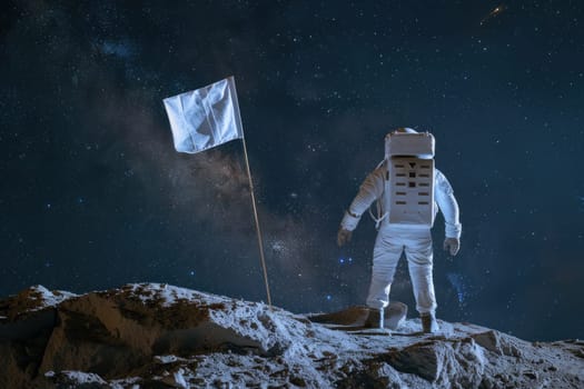 A man in a spacesuit stands on a moon like surface holding a white flag.