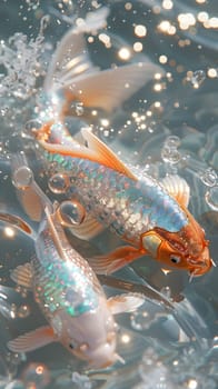 Two goldfish gracefully swimming together in the fluid environment of the water, creating a mesmerizing pattern of movement that resembles a beautiful underwater painting