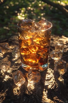 A drink featuring Tennessee whiskey or cognac, such as a Rusty Nail cocktail, served in a glass with ice cubes on a wooden table