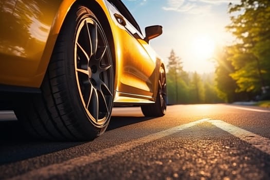 close up tire car in sunset on road, Group of new tires for sale in a tire shop. Generative Ai.