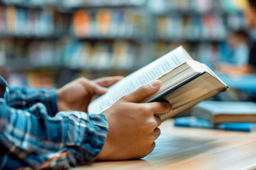 a man reading and studying in his book in the library. generative A.