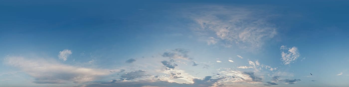 Dark blue sunset sky panorama with pink Cumulus clouds. Seamless hdr 360 pano in spherical equirectangular format. Full zenith for 3D visualization, game, sky replacement for aerial drone panoramas