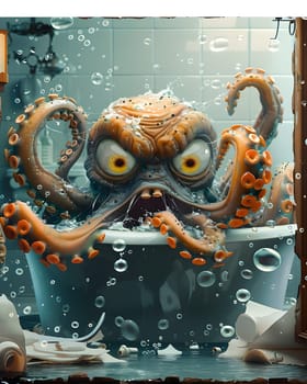 A fictional character, the cartoon octopus, is depicted in a metal sculpture taking a bath in a glass bathtub, resembling a whimsical art piece