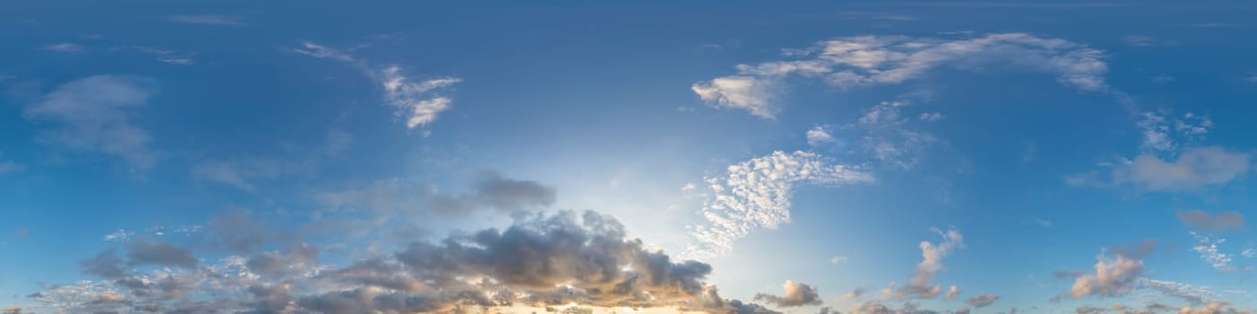 Dark blue sunset sky panorama with pink Cumulus clouds. Seamless hdr 360 pano in spherical equirectangular format. Full zenith for 3D visualization, game, sky replacement for aerial drone panoramas