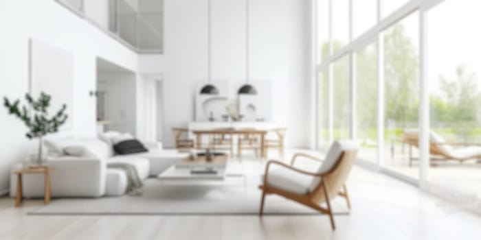 Defocused shot of a bright, airy Scandinavian-style living space with minimalist design. Resplendent.