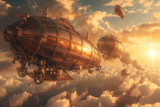 Fantasy steampunk airships float amongst clouds against a dramatic sunset backdrop, evoking adventure and exploration. Resplendent.