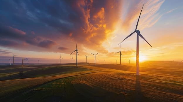 A stunning panoramic view of a wind farm with multiple turbines standing atop rolling hills against a dramatic sunset sky. Resplendent.