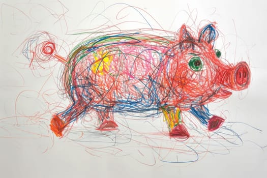 The hand drawing colourful picture of the pig that has been drawn by the colored pencil, crayon or chalk on the white blank background that seem to be drawn by the child that willing to draw. AIGX01.