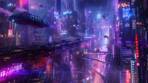 Futuristic city glows with soft hues, complemented by the sleek design of hovering vehicles above the vibrant skyline. Resplendent.