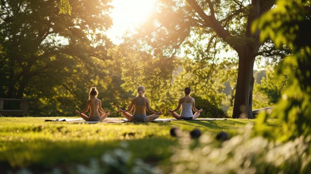 Group of people practicing yoga in a peaceful natural setting as the sun sets, creating a tranquil atmosphere. Resplendent.