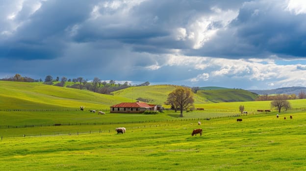 A serene landscape showcasing a rustic farmhouse with a red roof, surrounded by green pastures and grazing cattle under a dramatic stormy sky. Resplendent.