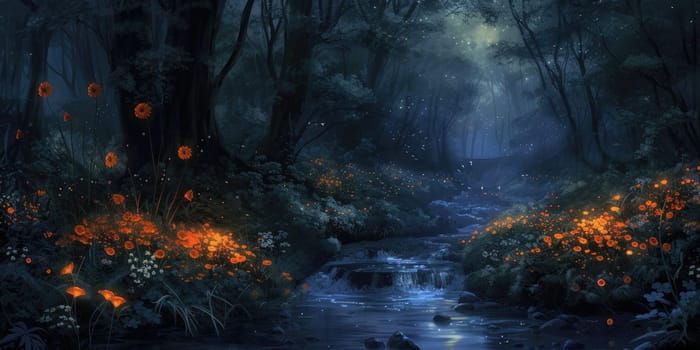 An enchanted forest at night, with glowing flowers, a sparkling river, and mystical creatures lurking in the shadows. Resplendent.