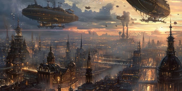 A fleet of steampunk airships hovers above a Victorian-inspired cityscape, enveloped in a golden mist at dawn. Resplendent.