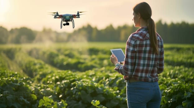 A woman is operating an aircraft in a grassy field, controlling it with a tablet amidst a beautiful natural landscape. AIG41