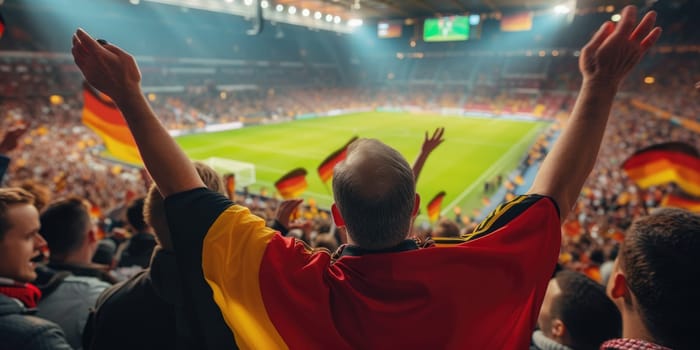 A fan at a world competition event raises his arms in the air, enjoying the fun and energy of the crowded stadium. AIG41