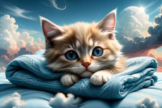 cute kitten sleeps on a pillow under a blanket. AI generated image.