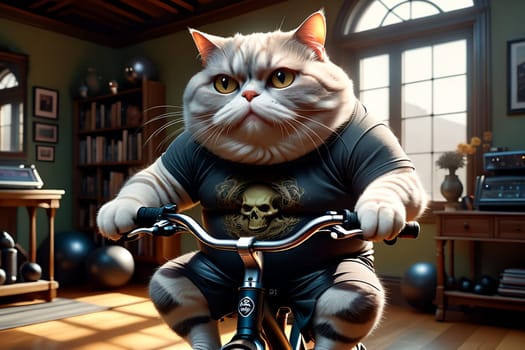 A fat cat in a T-shirt is doing sports in the gym .AI generated image.