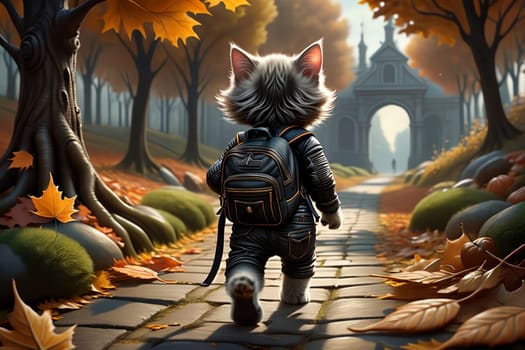 Cute cats students go to school with backpacks, autumn. AI generated image.