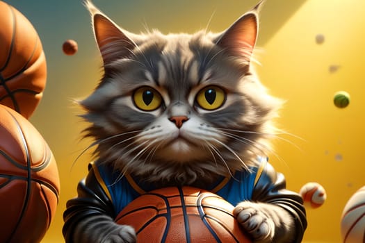 A fat cat goes in for sports, plays basketball. Isolated on a light background. AI generated image.