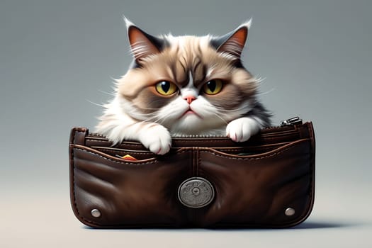 Fat cat with a wallet. Isolated on a light background. . AI generated image.