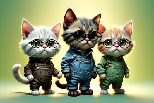small three kittens with glasses isolated on a light green background. AI generated image.