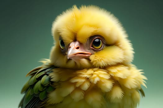 cute yellow chicken on green background . AI generated image.