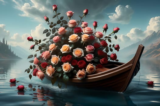 a boat full of roses floats on the water .AI generated image.