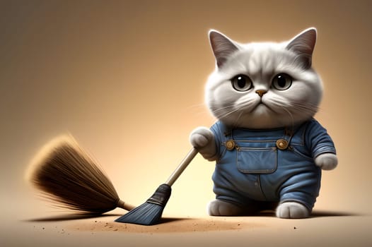 fat cat with a broom isolated on a brown background AI generated image.