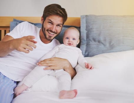 Family, bedroom and portrait of father with baby for bonding, relationship and love for parenting. Happy, home and dad relax with newborn infant for child development, support and care in house.