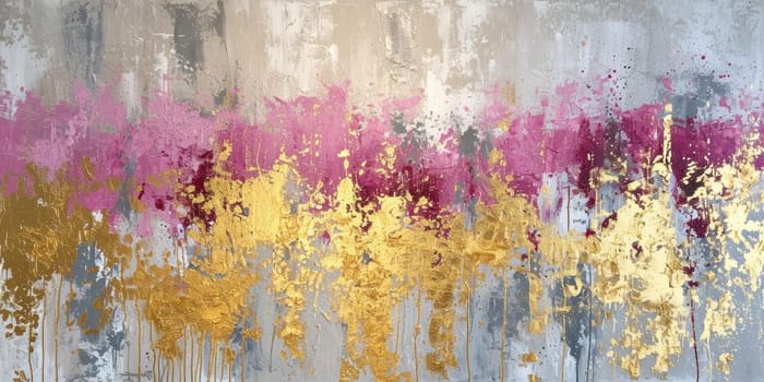 The abstract picture of the gold, pink bright colour that has been painted or splashed on the white blank background wallpaper to form the random shape that cannot be describe yet beautiful. AIGX01.