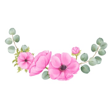 watercolor depiction a half-moon composition of pink anemones, vibrant foliage, and eucalyptus leaves, suitable for creating stunning greeting cards, botanical prints or digital wallpapers.