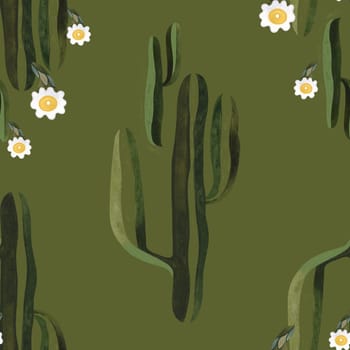 Blooming saguaro cactus. Seamless watercolor pattern for wrapping paper, wallpaper and textiles