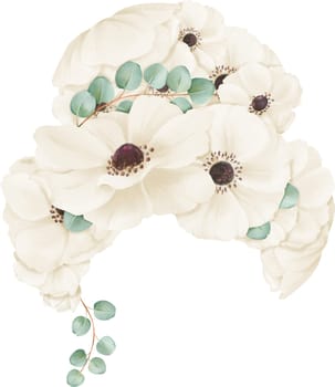 A woman's hairstyle adorned with delicate ivory watercolor anemones, suitable for images catering to bridal, beauty, fashion, and botanical themes.