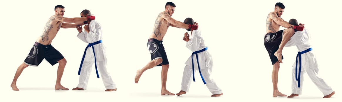 MMA, karate and male fighters in studio, banner and competition with action on white background. Fitness, exercise and impact sports for martial arts people, combat and composite for training.