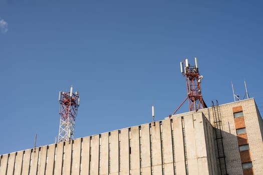 Telecommunication tower with copy space.Digital wireless connection system.Development of communication systems in urban areas.Modern Business Communication Concept.Antenna.